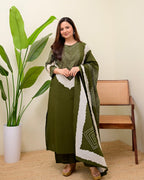 Green Mirror Work Cotton Kurta and Pant Set with Dupatta