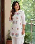 Off White Embroidered Cotton Flex Co-Ord Set
