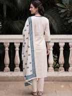 Off White Embroidered Cotton Kurta and Pant Set with Dupatta