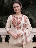 Off White Embroidered Cotton Flex Kurta and Pant Set with Dupatta