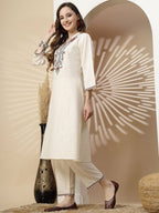 Off White Embroidered Cottn Flex Kurta and Pant Set