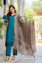 Teal Blue Embroidered Cotton Flex Kurta and Pant Set with Dupatta
