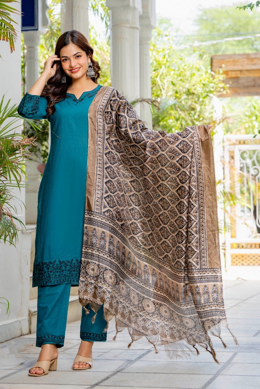 Teal Blue Embroidered Cotton Flex Kurta and Pant Set with Dupatta