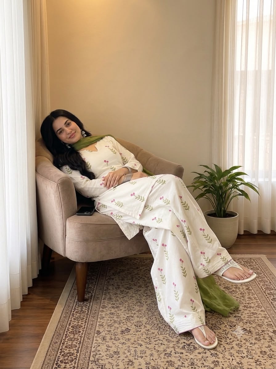 White Printed Cotton Kurta and Pant Set with Dupatta