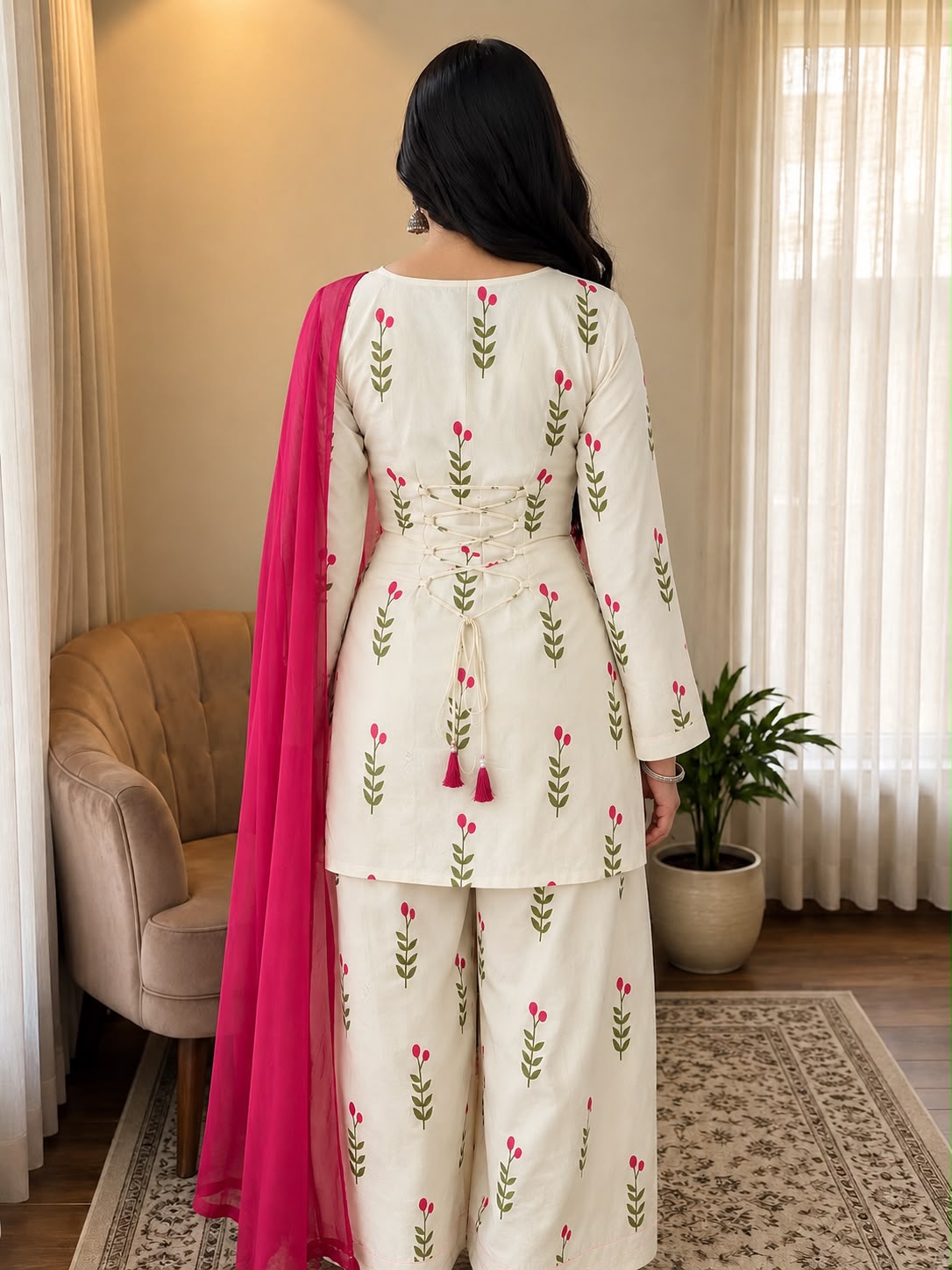 White Printed Cotton Kurta and Pant Set with Dupatta