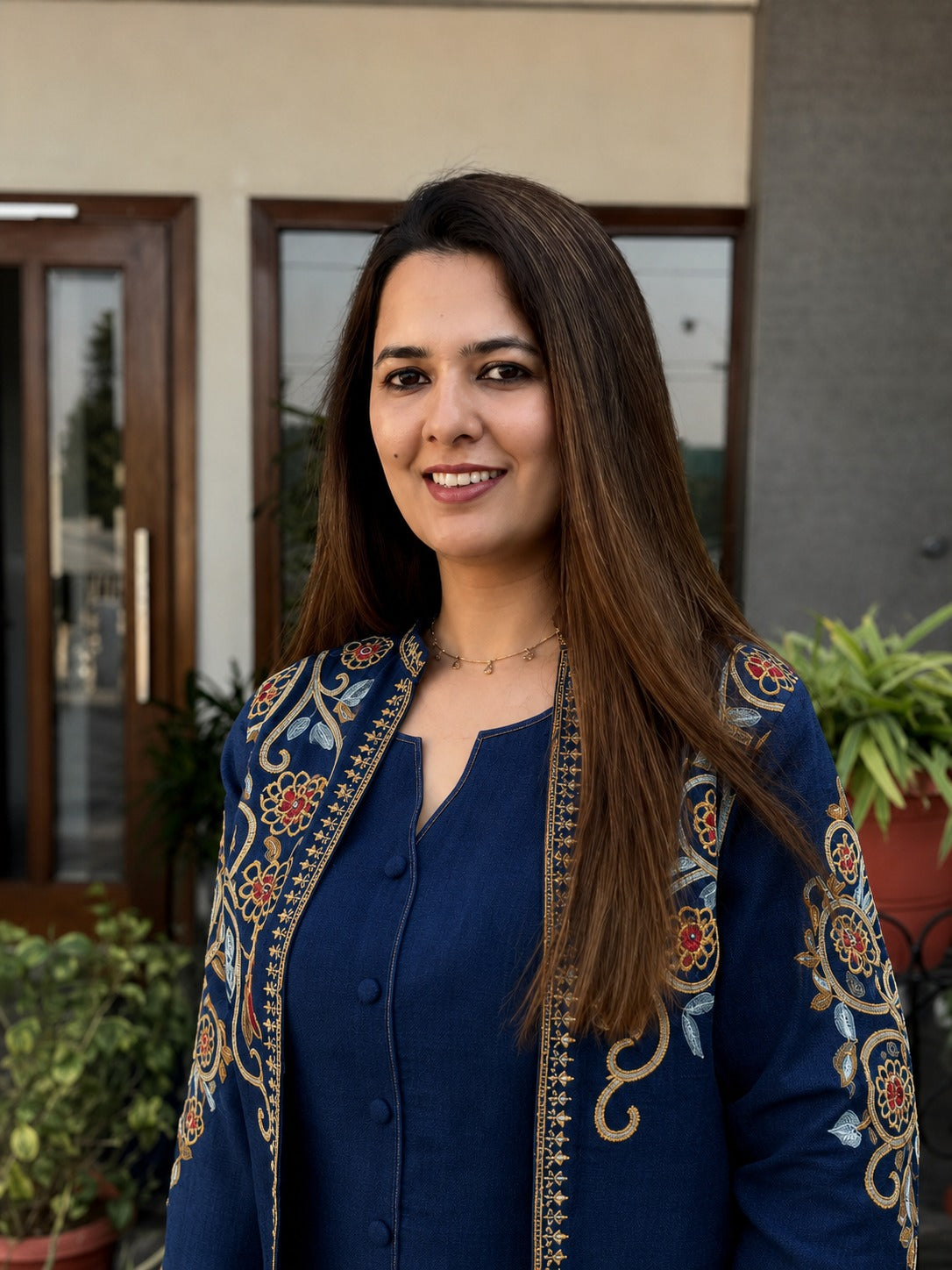Navy Embroidered Cotton Flex Top and Pant Set with Jacket