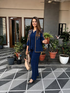 Navy Embroidered Cotton Flex Top and Pant Set with Jacket