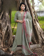 Green Embroidered Cotton Kurta and Pant Set with Dupatta