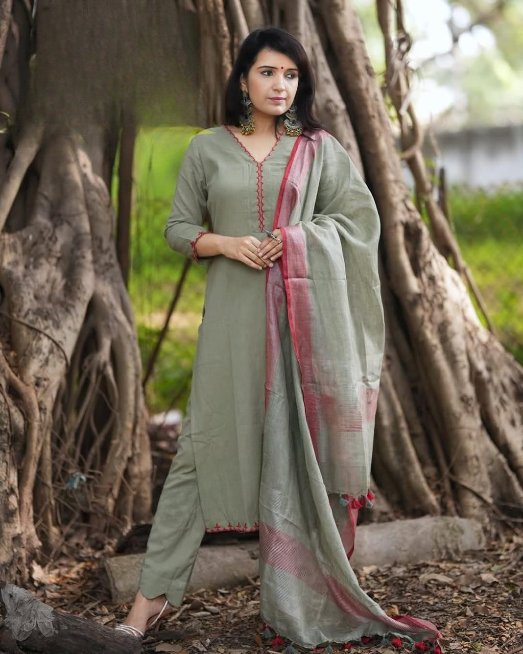 Green Embroidered Cotton Kurta and Pant Set with Dupatta