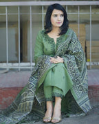 Green Embroidered Cotton Kurta and Pant Set with Dupatta