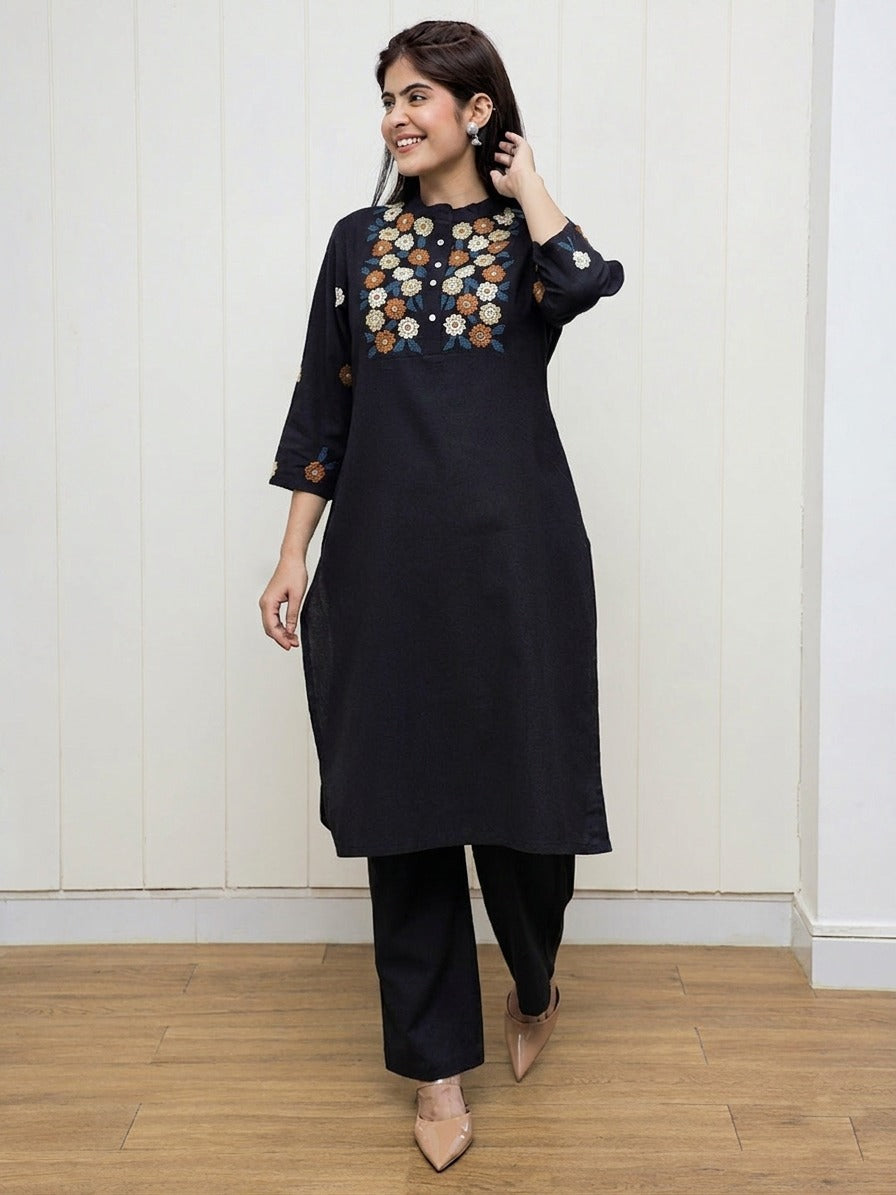 Black Cotton Flex Kurta And Pant Set